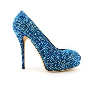 GUCCI Sparkling Swarovski Brilliant Blue Crystal Open Toe Heel Pumps 37.5